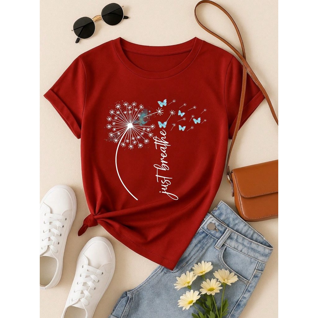 Camiseta Feminina Estampa Just Breathe Algodão Casual Confortável Manga Curta
