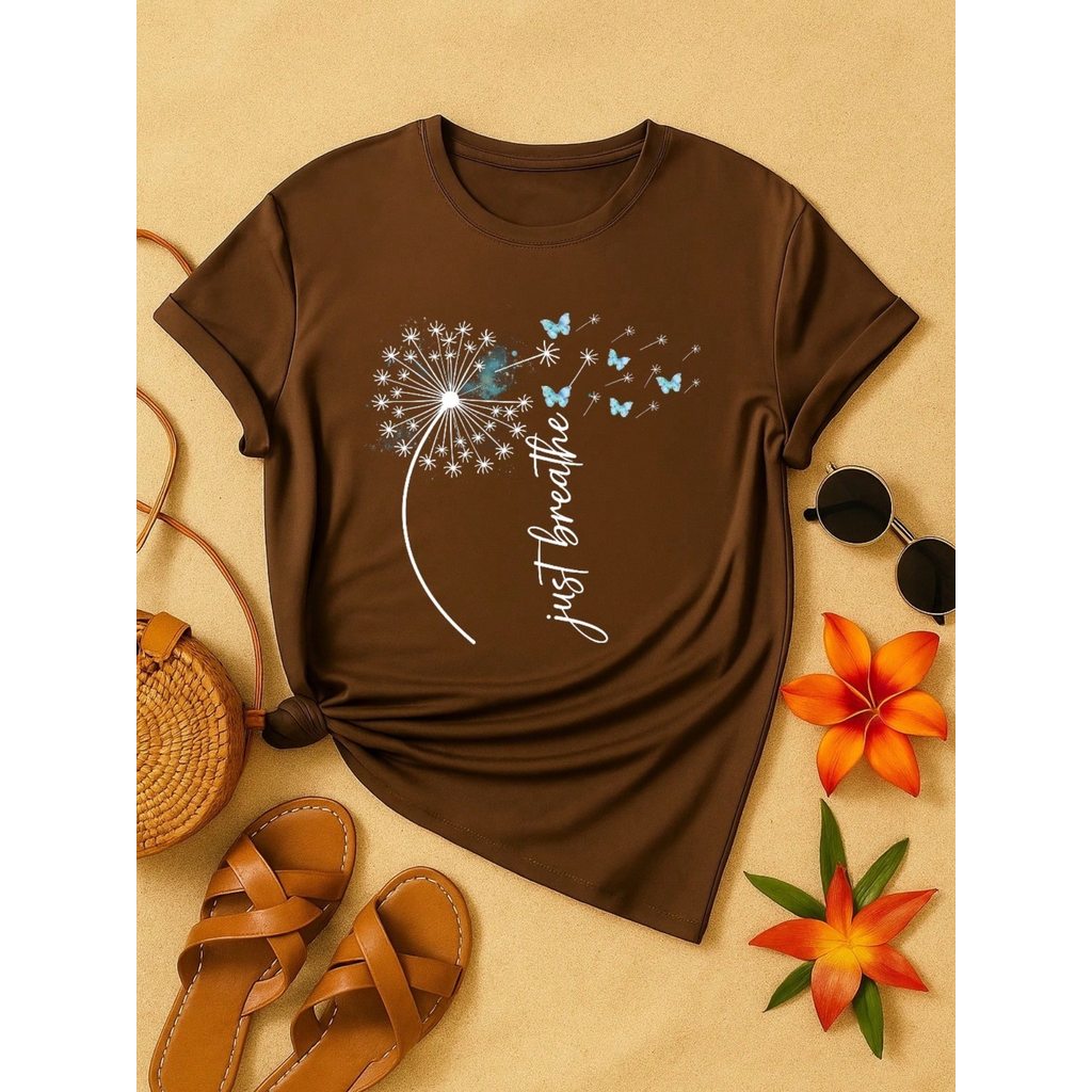 Camiseta Feminina Estampa Just Breathe Algodão Casual Confortável Manga Curta