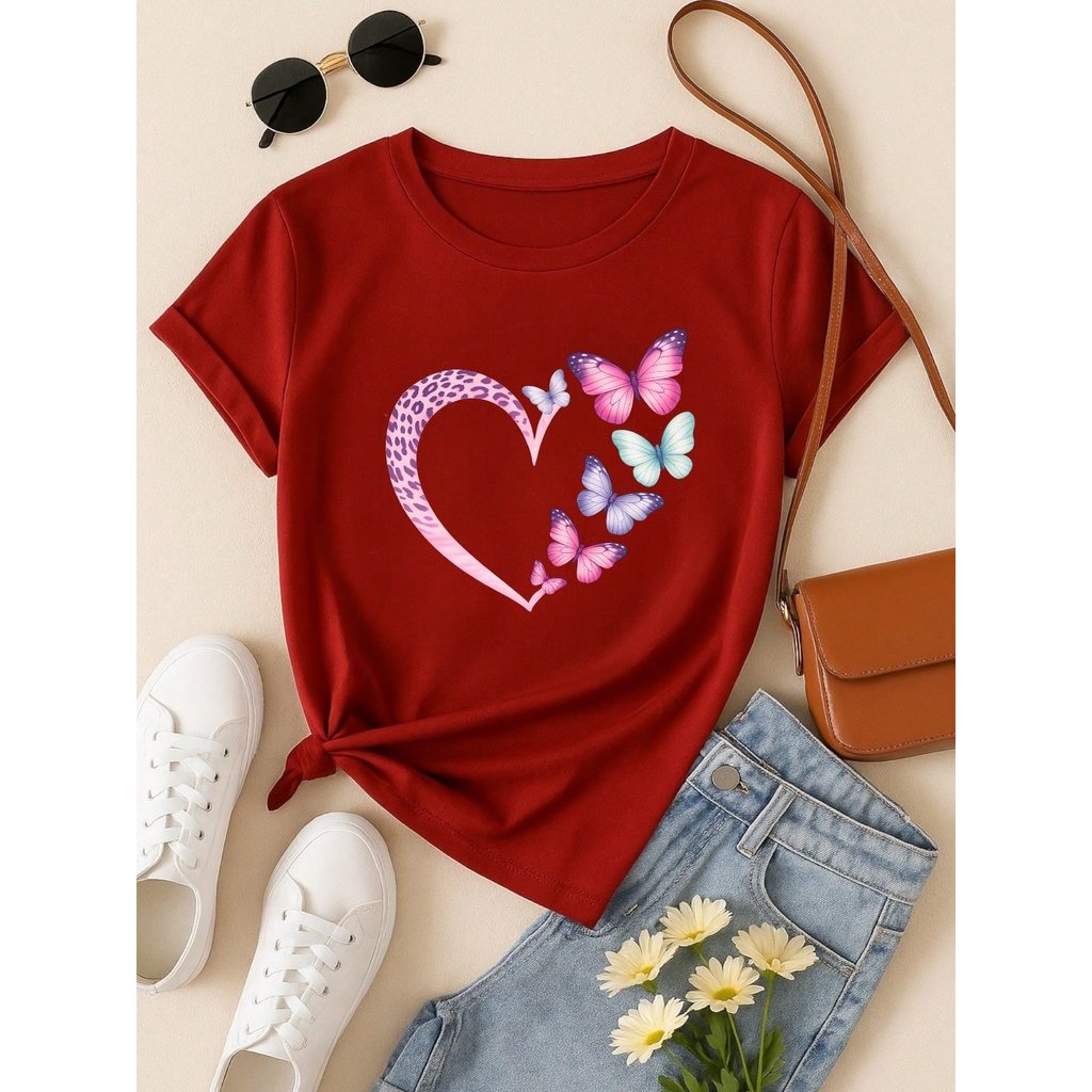Camiseta Feminina 100% Algodão Coração com Borboletas Estampa Delicada Casual P-GG