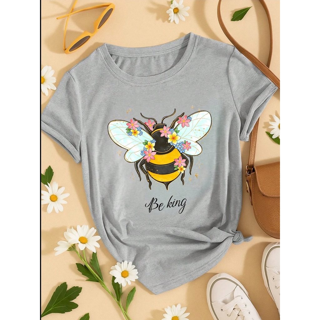Blusa Feminina 100% Algodão Be Kind | Camiseta Estampada Abelha Floral Casual | P ao GG
