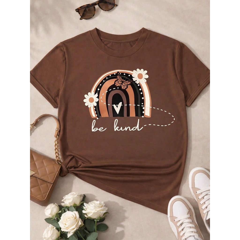 Camiseta Feminina 100% Algodão Blusa T-shirt Babylook Estampa Be Kind Arco Íris Casual P-GG