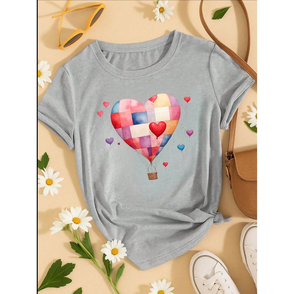 Blusa Feminina 100% Algodão – Estampa Coração Balão Patchwork