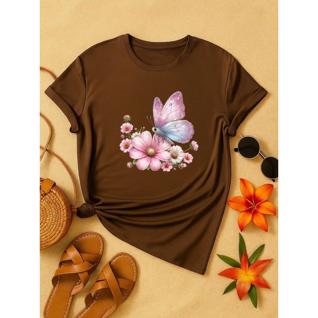 Blusa Feminina 100% Algodão Estampa Borboleta Floral | Camiseta Casual Confortável P ao GG
