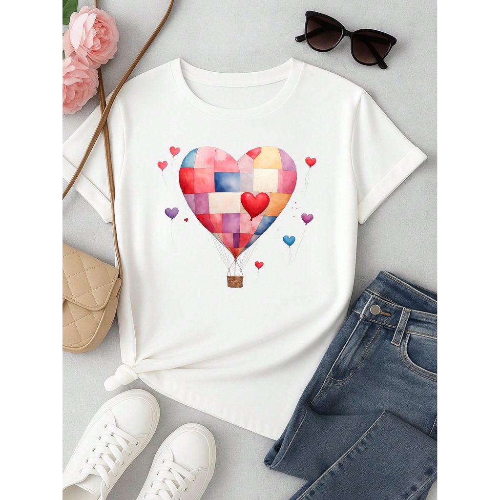 Blusa Feminina 100% Algodão – Estampa Coração Balão Patchwork