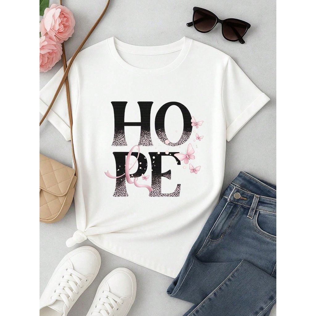 Camiseta Feminina 100% Algodão TShirt Babylook BLUSA Estampa HOPE com Borboletas Casual P-GG