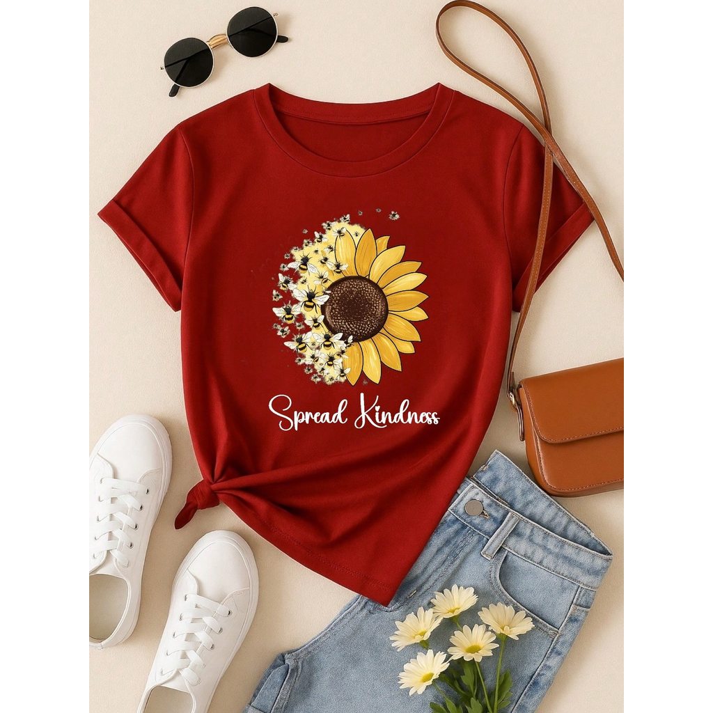 Camiseta Feminina Blusa T-shirt 100% Algodão Estampa Girassol Astronauta Casual P-GG