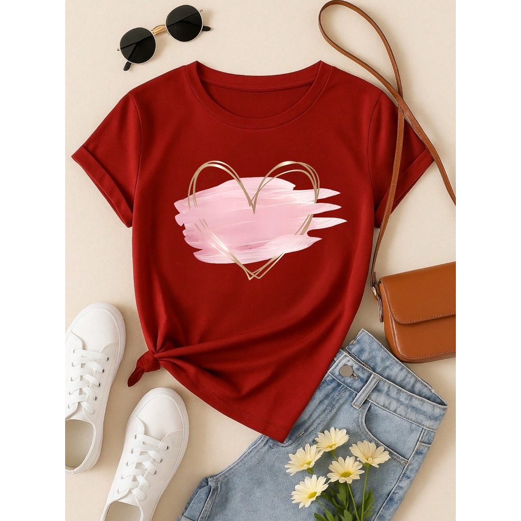 Kit 3 Camisetas Femininas 100% Algodão Estampa Coração Casual Presente Feminino