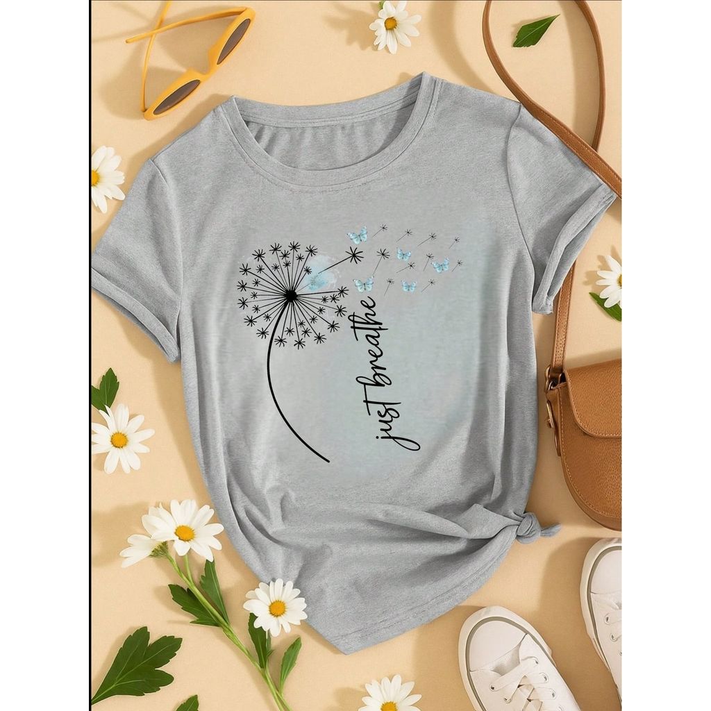 Camiseta Feminina Estampa Just Breathe Algodão Casual Confortável Manga Curta