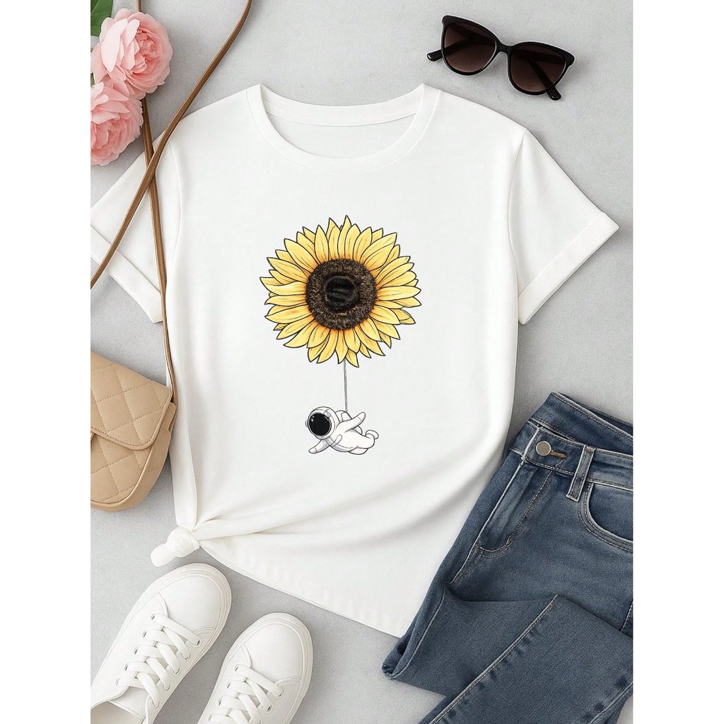 Camiseta Feminina Blusa T-shirt 100% Algodão Estampa Girassol Astronauta Casual P-GG