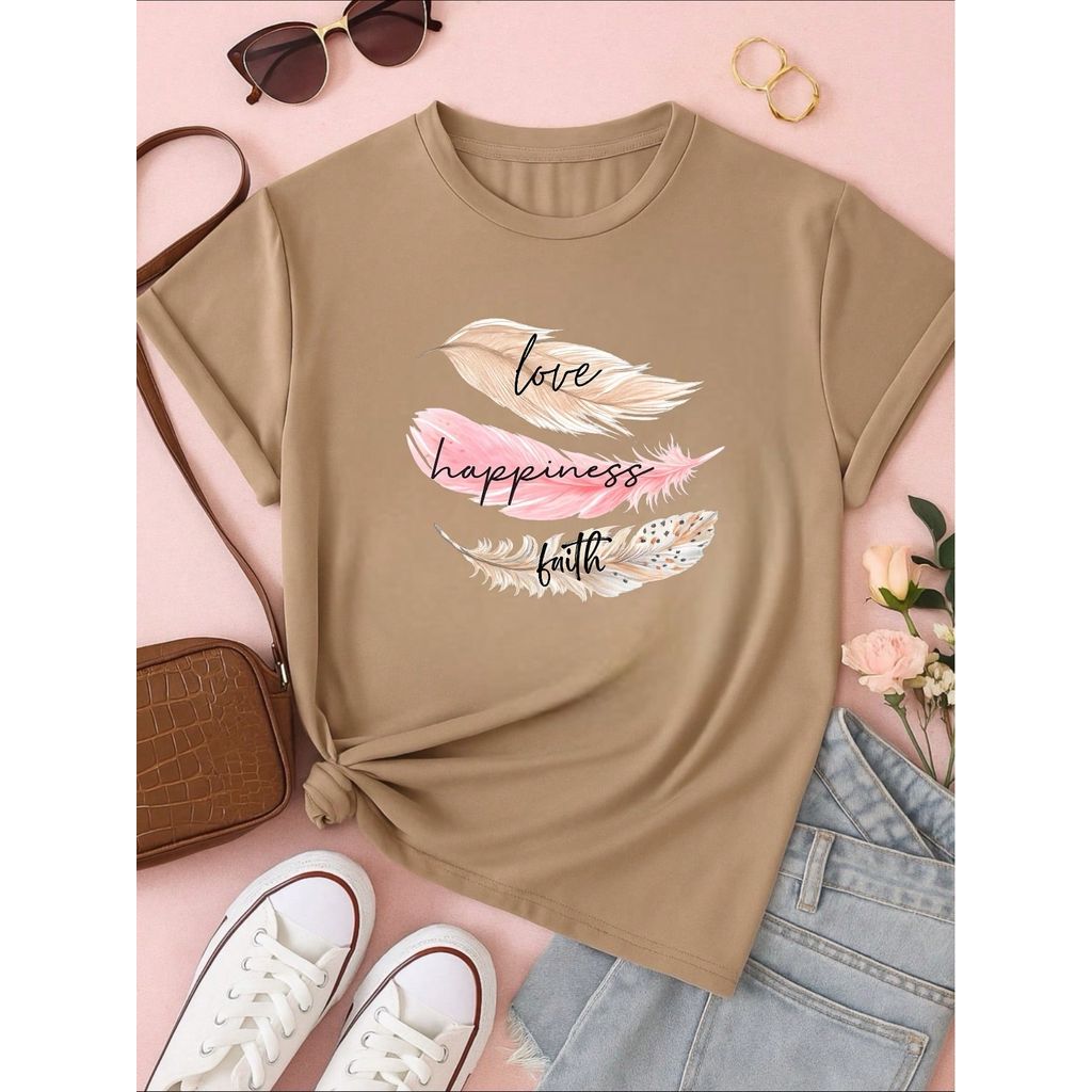 Camiseta Feminina 100% Algodão Estampa Love Happiness Faith Penas Casual P-GG