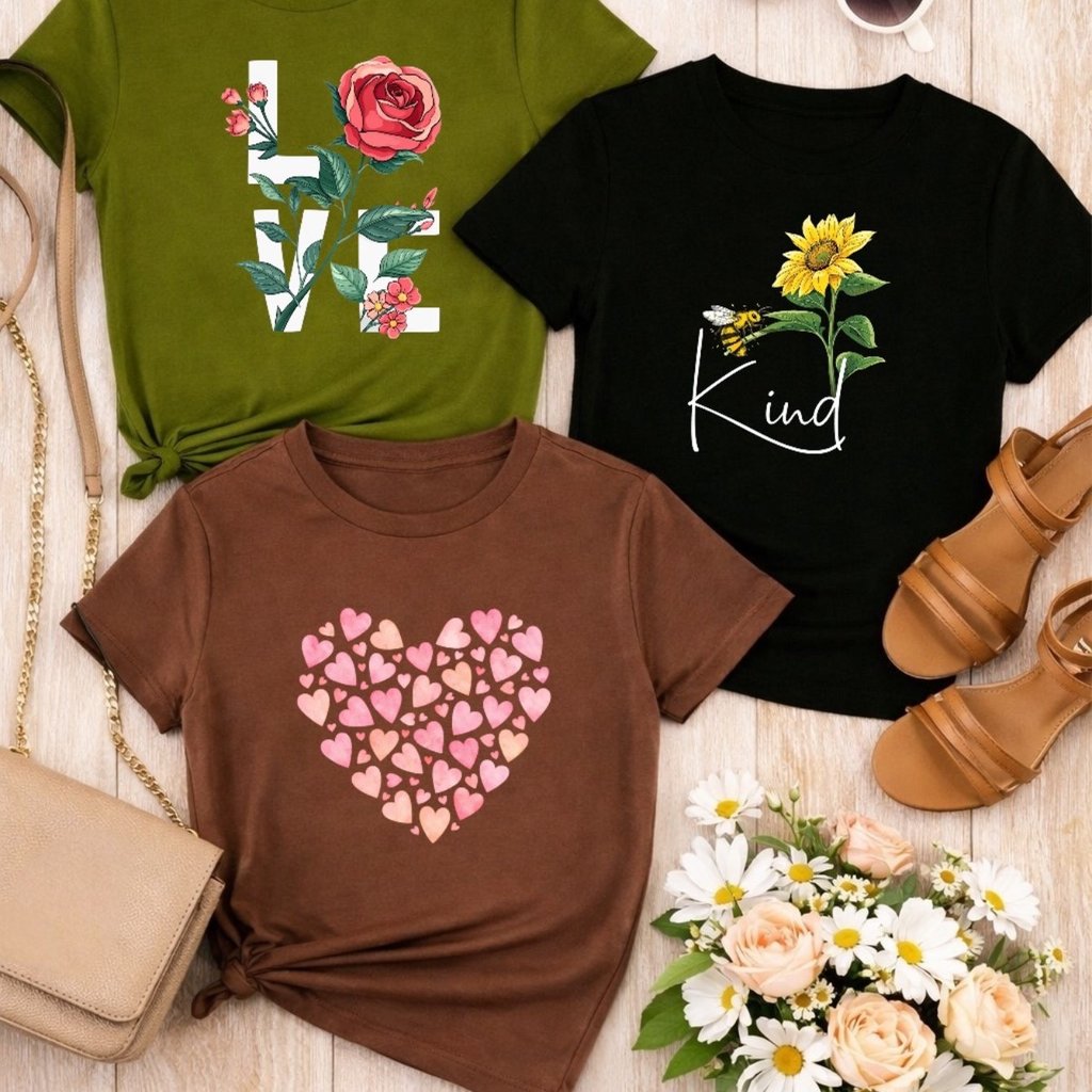 Kit 3 Blusas Femininas 100% Algodão Estampa Coração e Borboleta Floral Baby Look P ao GG