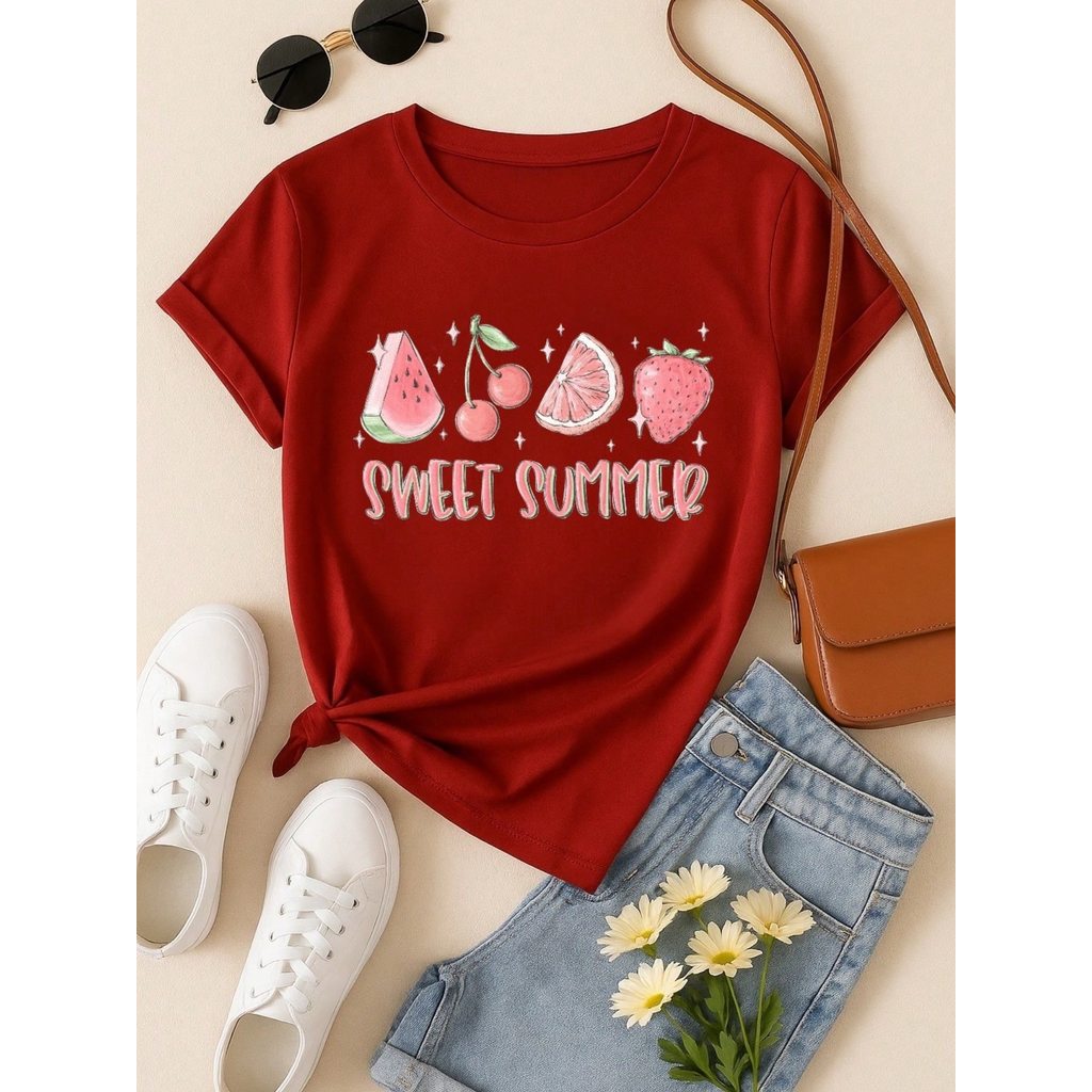 Blusa Feminina 100% Algodão Sweet Summer | Camiseta Estampada Frutas Casual