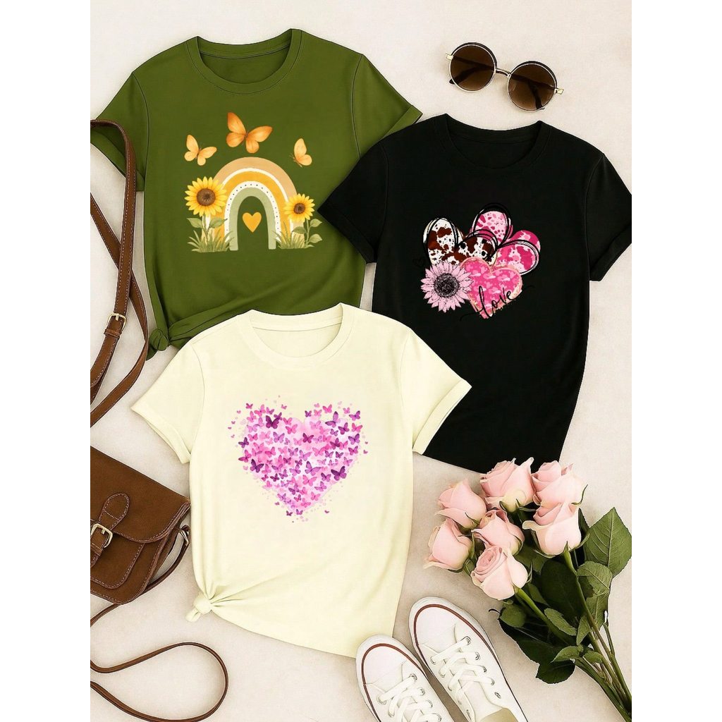 Kit 3 Blusas Femininas Estampadas Casual – Manga Curta, Confortável, Dia a Dia