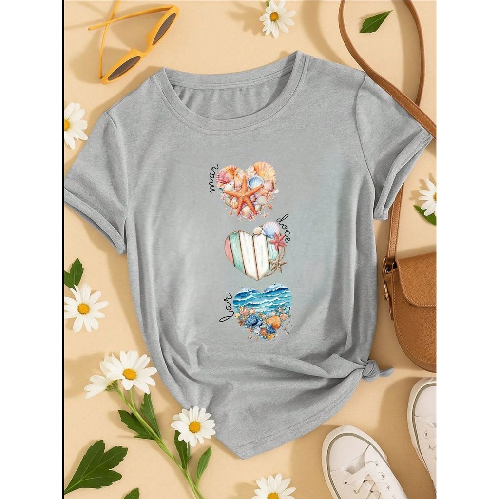 Camiseta Feminina T-shirt 100% Algodão  Blusa Feminina  Estampa Mar Doce Lar Praia Casual P-GG