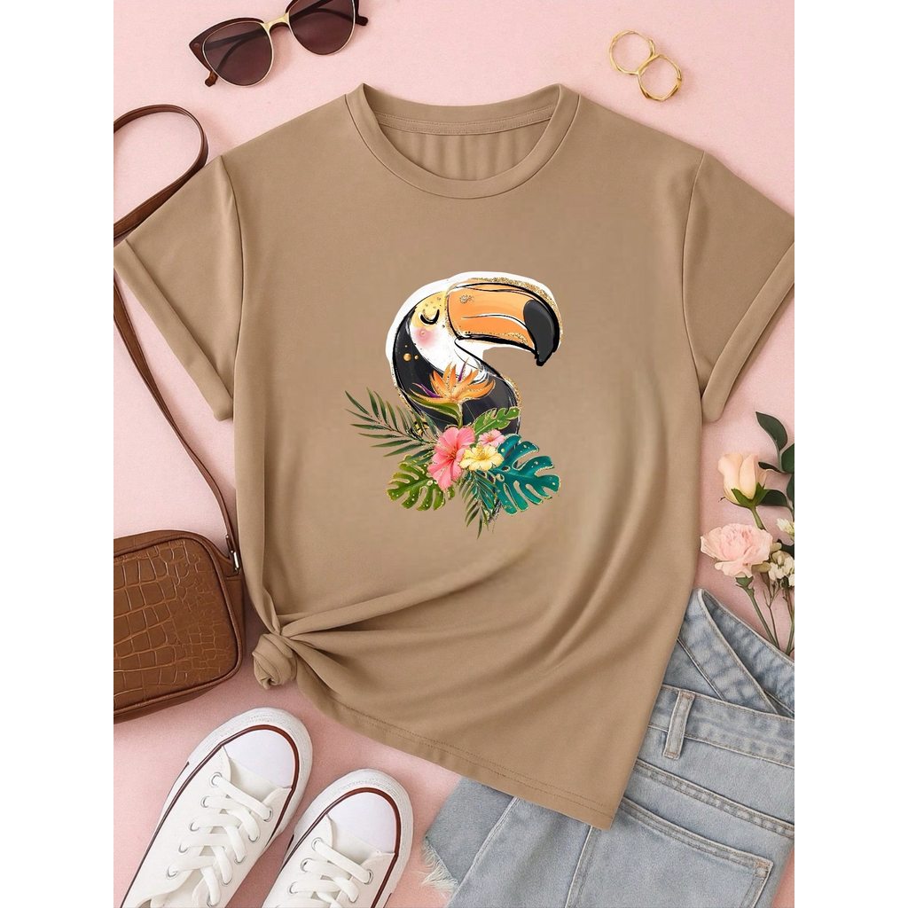 Blusa Feminina 100% Algodão Estampa Tucano Tropical | Camiseta Casual Confortável