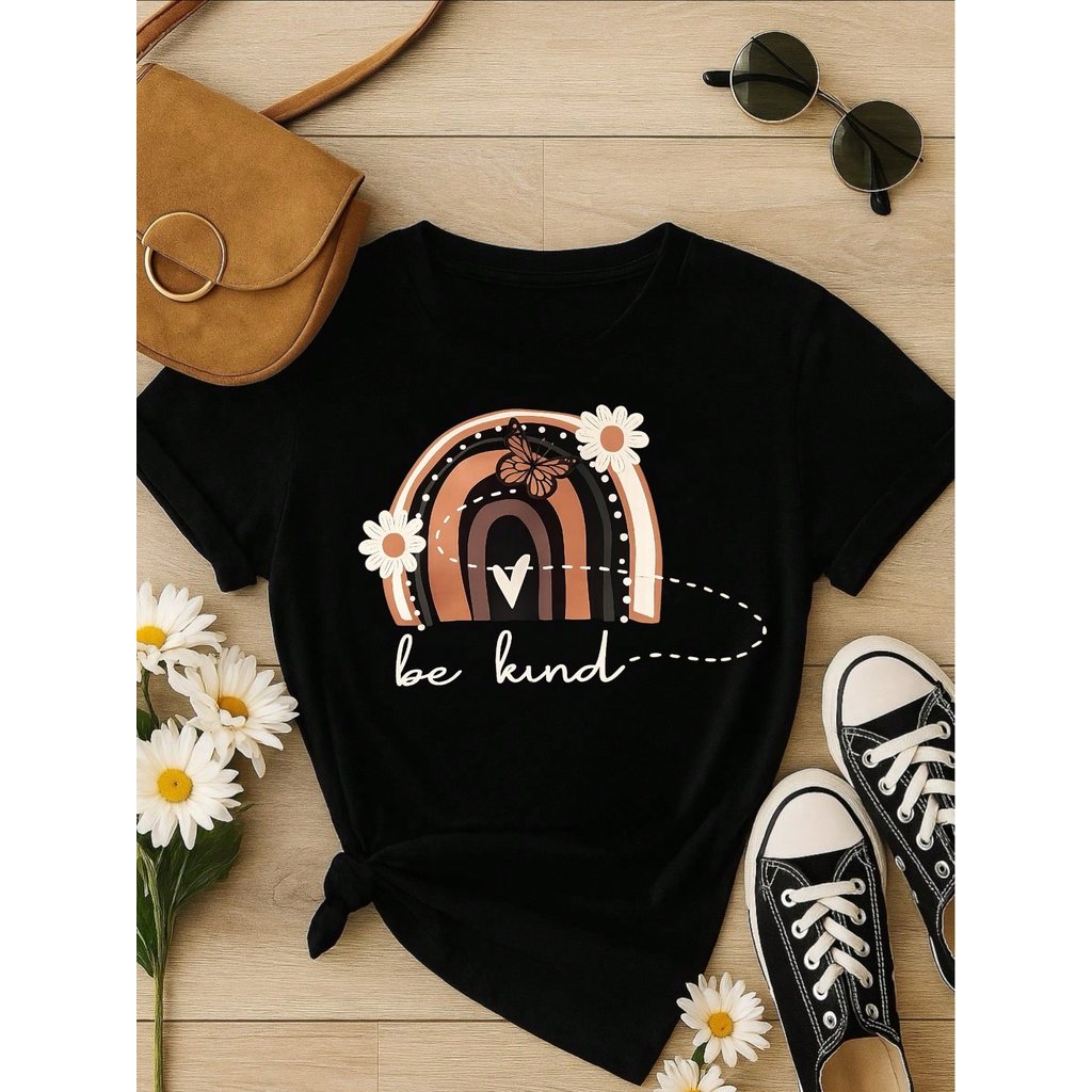 Camiseta Feminina 100% Algodão Blusa T-shirt Babylook Estampa Be Kind Arco Íris Casual P-GG
