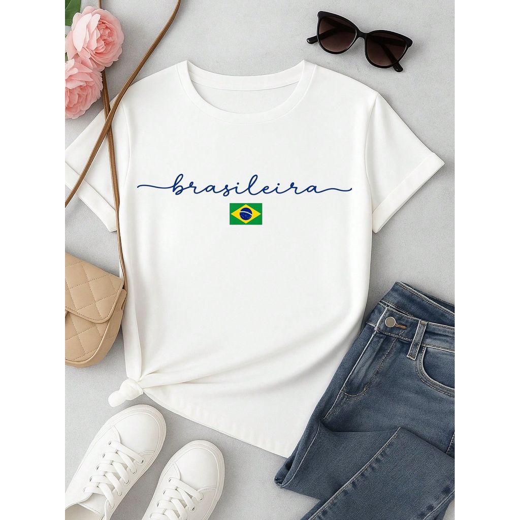 Camiseta Feminina Brasileira Copa Brasil 100% Algodão Estampa Minimalista Casual Confortável P-GG