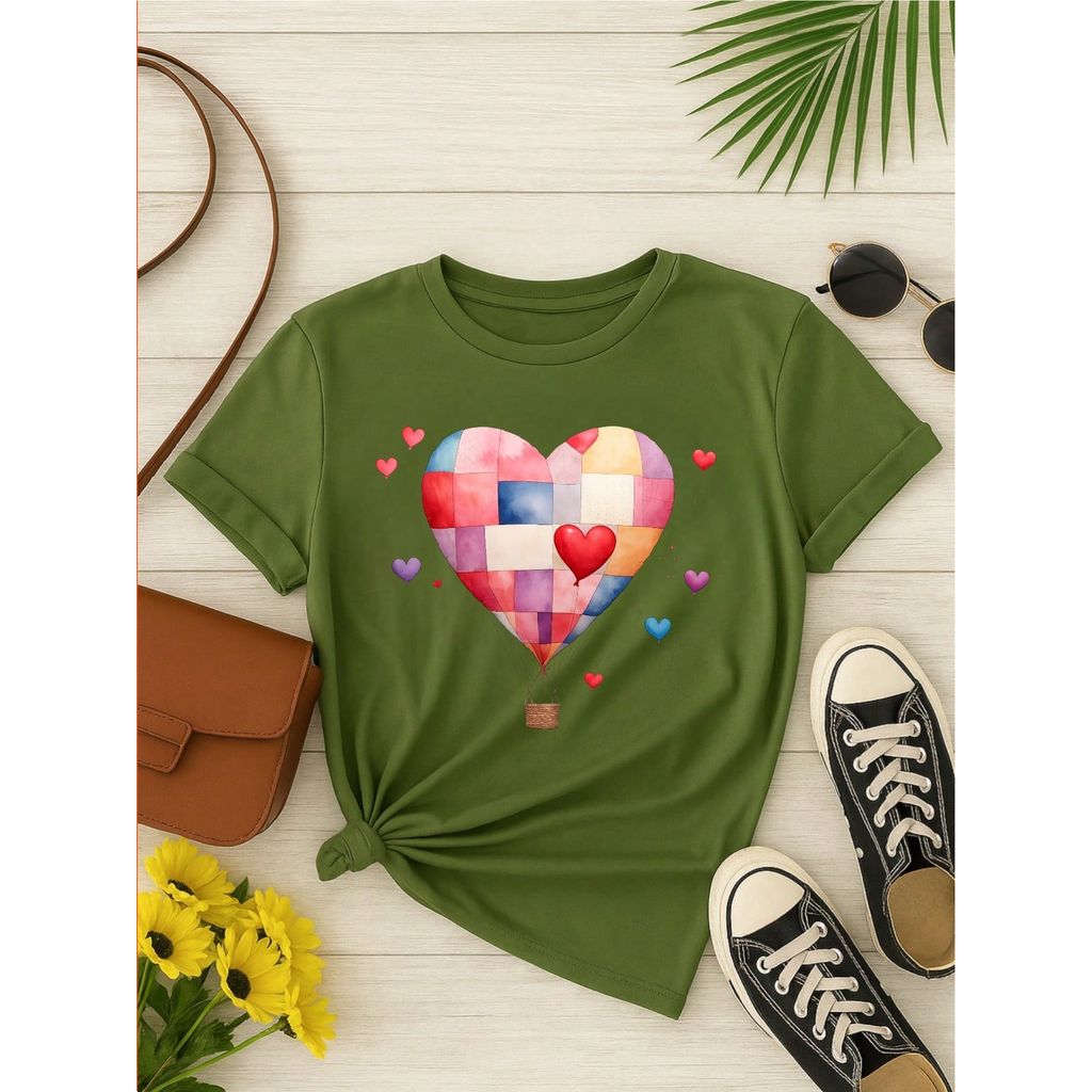 Blusa Feminina 100% Algodão – Estampa Coração Balão Patchwork