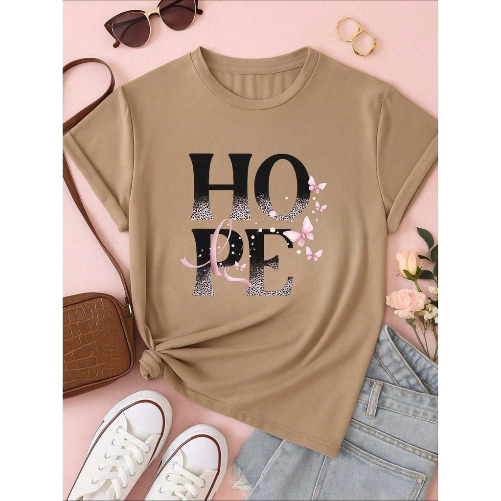 Camiseta Feminina 100% Algodão TShirt Babylook BLUSA Estampa HOPE com Borboletas Casual P-GG