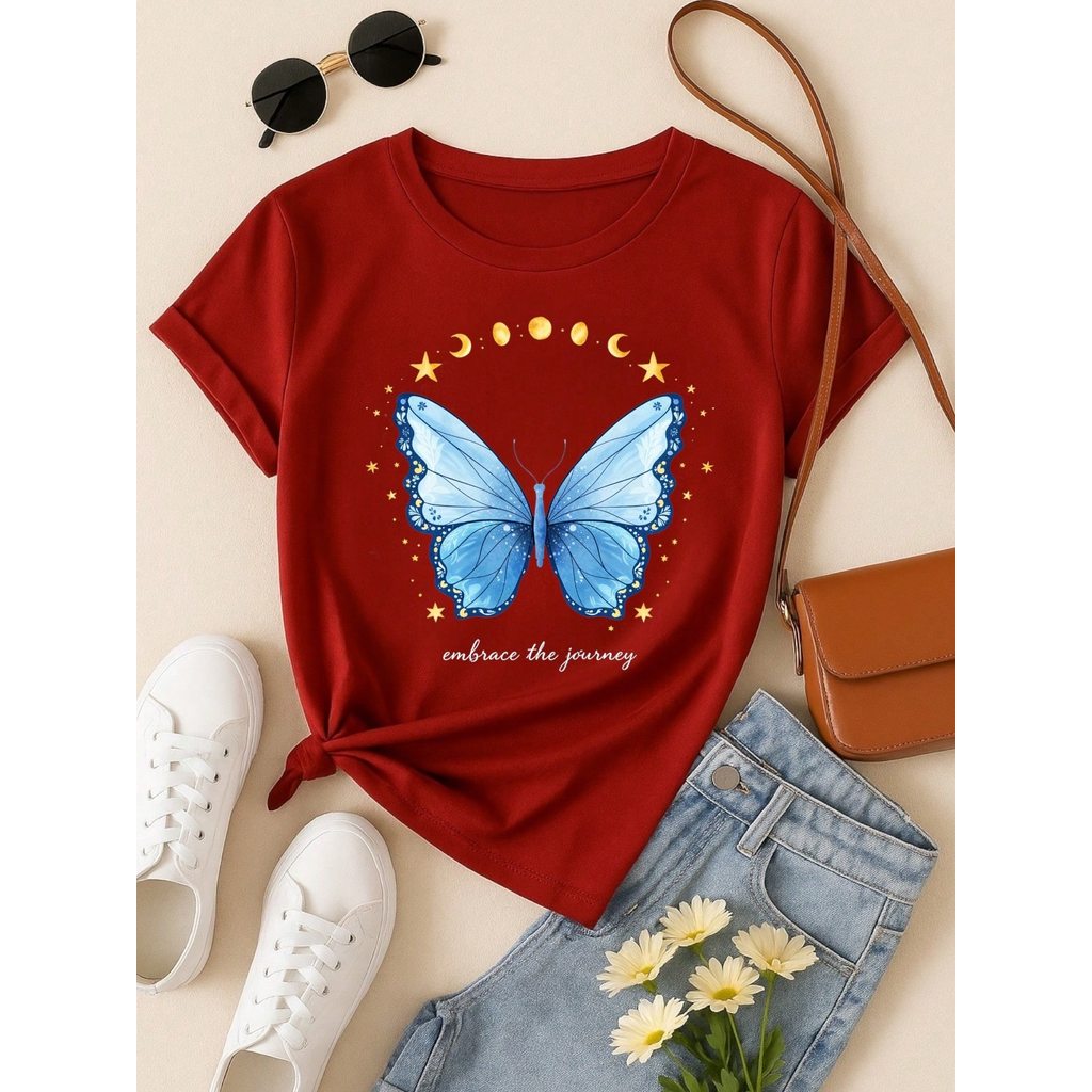 Camiseta Feminina 100% Algodão Estampa Love Happiness Faith Penas Casual P-GG