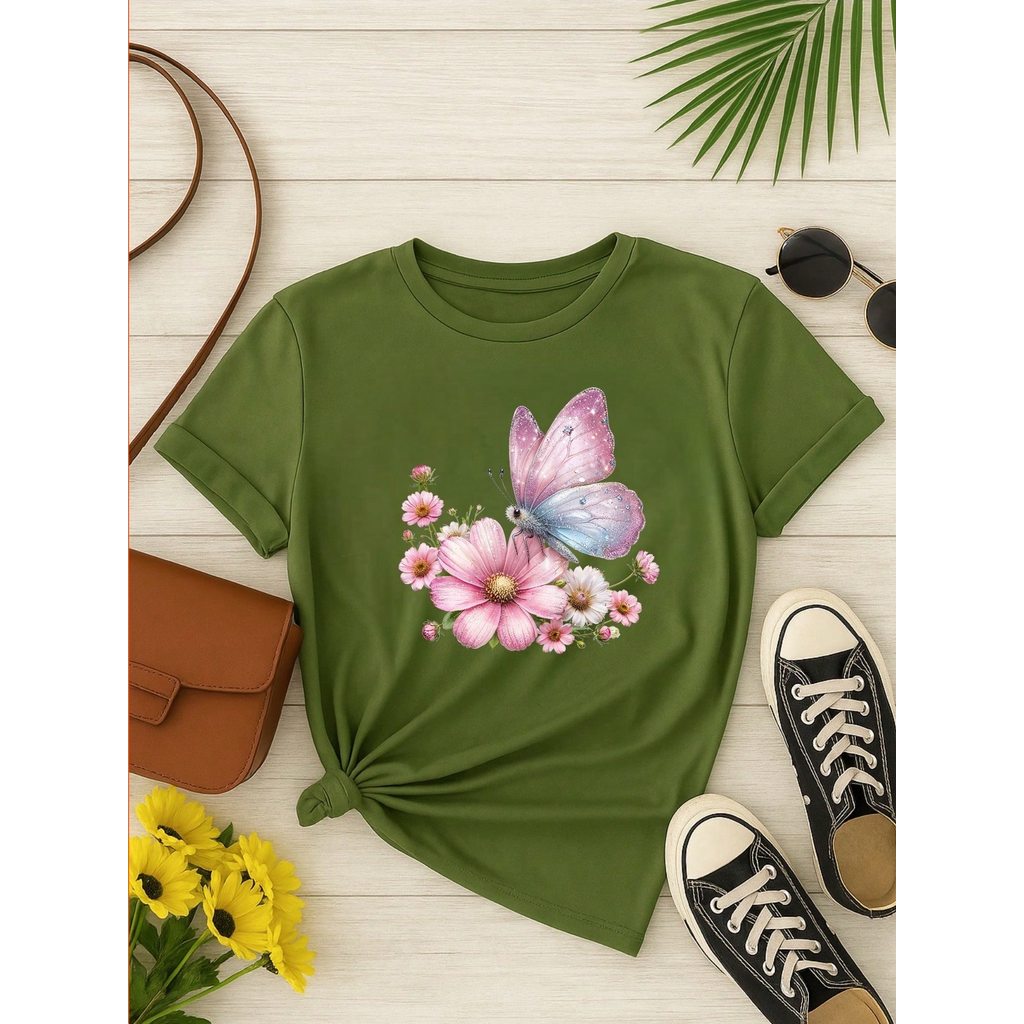 Blusa Feminina 100% Algodão Estampa Borboleta Floral | Camiseta Casual Confortável P ao GG