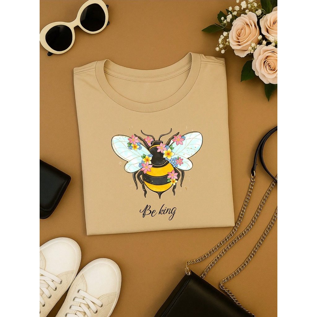 Blusa Feminina 100% Algodão Be Kind | Camiseta Estampada Abelha Floral Casual | P ao GG