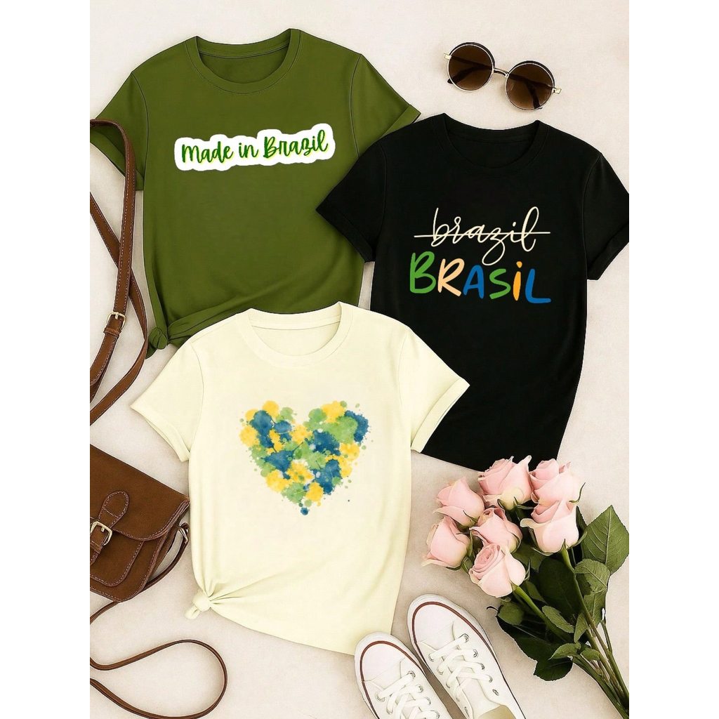 Kit 3 Blusas Femininas Estampadas Brasil 100% Algodão – Copa do Mundo Casual