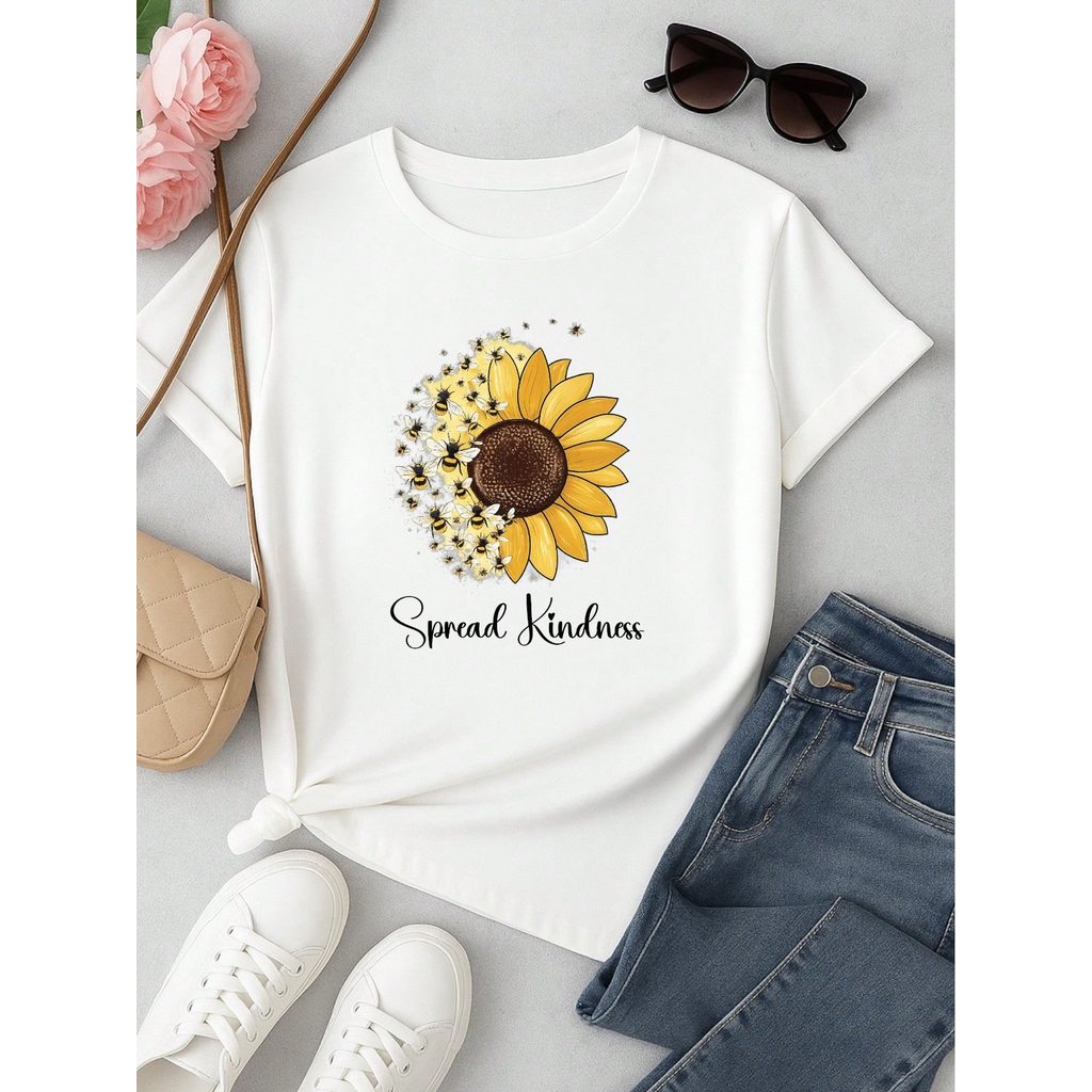 Camiseta Feminina Blusa T-shirt 100% Algodão Estampa Girassol Astronauta Casual P-GG