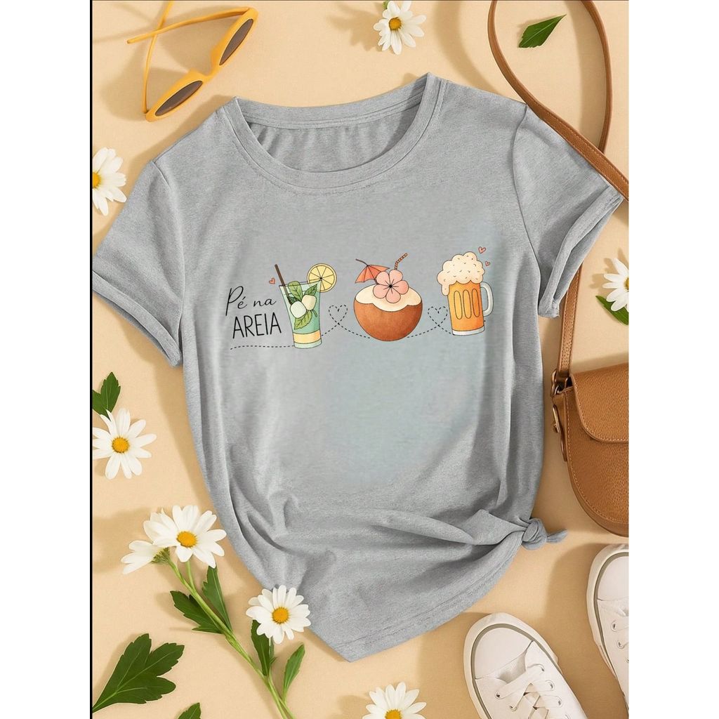 Blusa Feminina 100% Algodão – Estampa Pé na Areia Drinks Confortável – Estampa Verão Praia