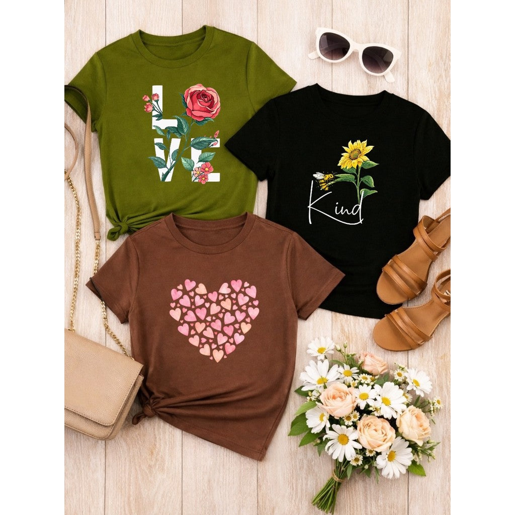 Kit 3 Blusas Femininas 100% Algodão Estampa Coração e Borboleta Floral Baby Look P ao GG