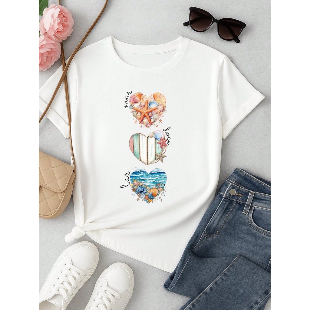 Camiseta Feminina T-shirt 100% Algodão  Blusa Feminina  Estampa Mar Doce Lar Praia Casual P-GG