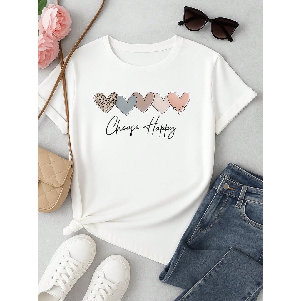 Kit 3 Camisetas Femininas 100% Algodão Estampa Coração Casual Presente Feminino