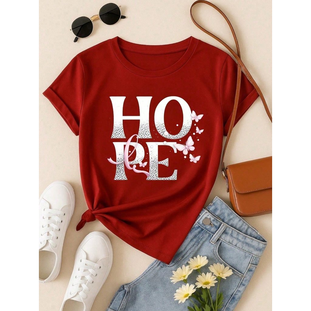 Camiseta Feminina 100% Algodão TShirt Babylook BLUSA Estampa HOPE com Borboletas Casual P-GG