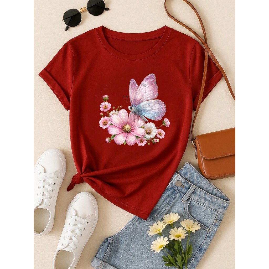 Blusa Feminina 100% Algodão Estampa Borboleta Floral | Camiseta Casual Confortável P ao GG