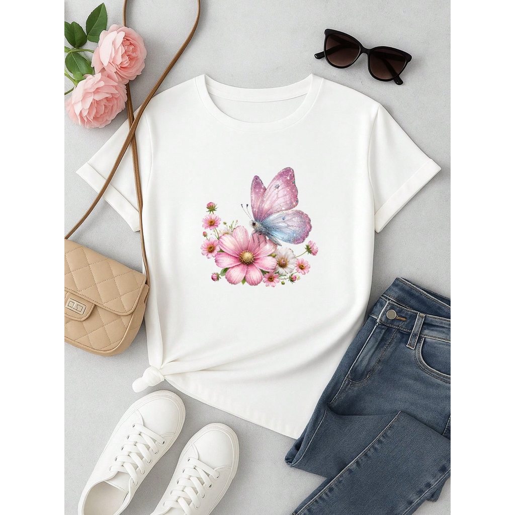 Blusa Feminina 100% Algodão Estampa Borboleta Floral | Camiseta Casual Confortável P ao GG