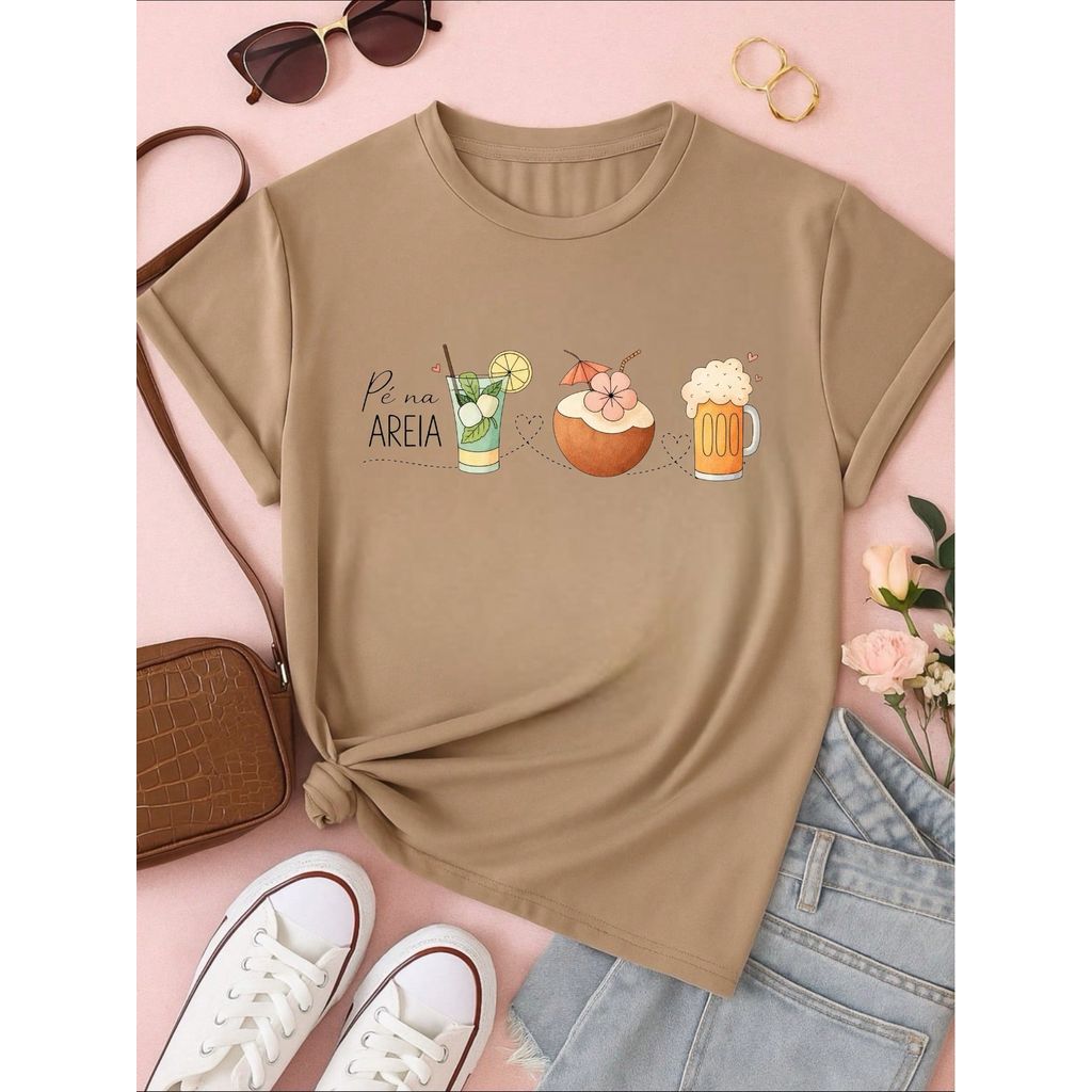 Blusa Feminina 100% Algodão – Estampa Pé na Areia Drinks Confortável – Estampa Verão Praia