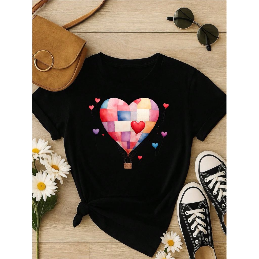 Blusa Feminina 100% Algodão – Estampa Coração Balão Patchwork