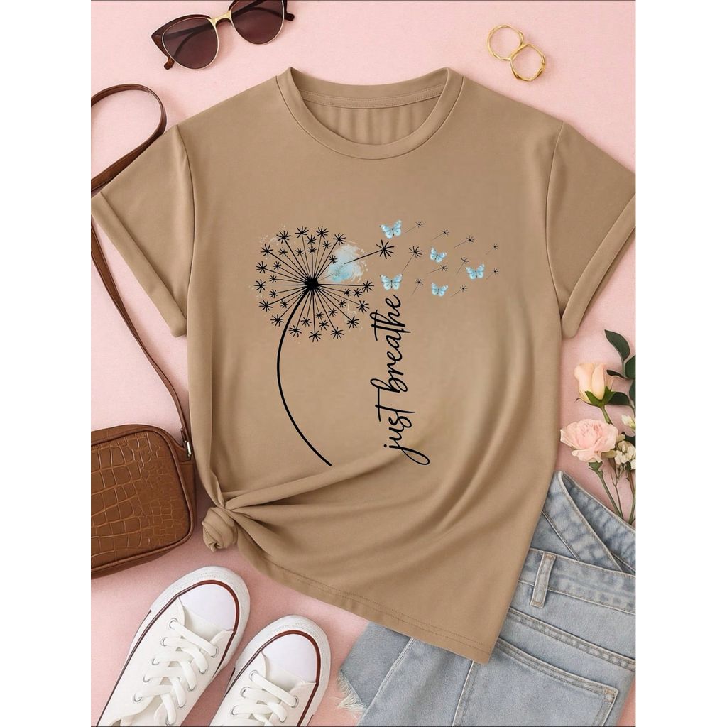 Camiseta Feminina Estampa Just Breathe Algodão Casual Confortável Manga Curta