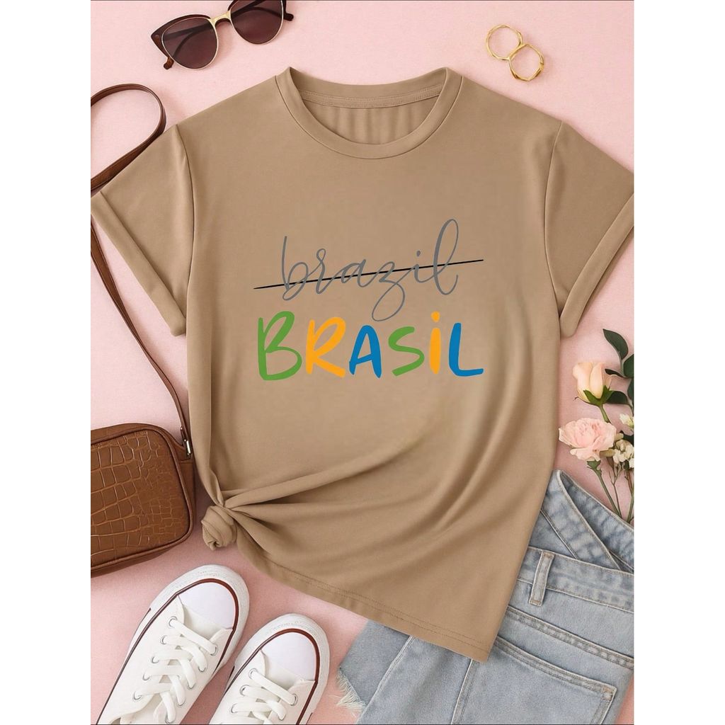 Camiseta Feminina Brasil Copa Estampada Casual 100% Algodão Manga Curta Confortável Verão