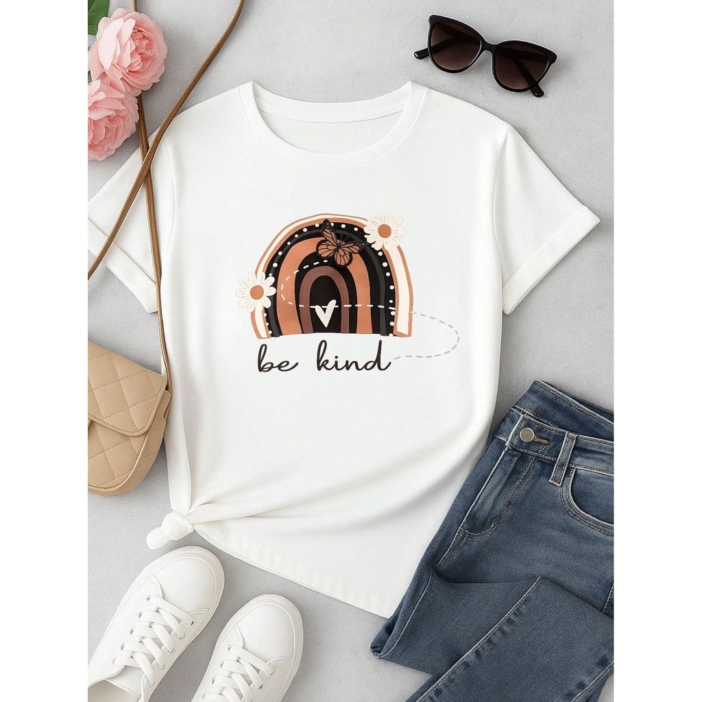 Camiseta Feminina 100% Algodão Blusa T-shirt Babylook Estampa Be Kind Arco Íris Casual P-GG