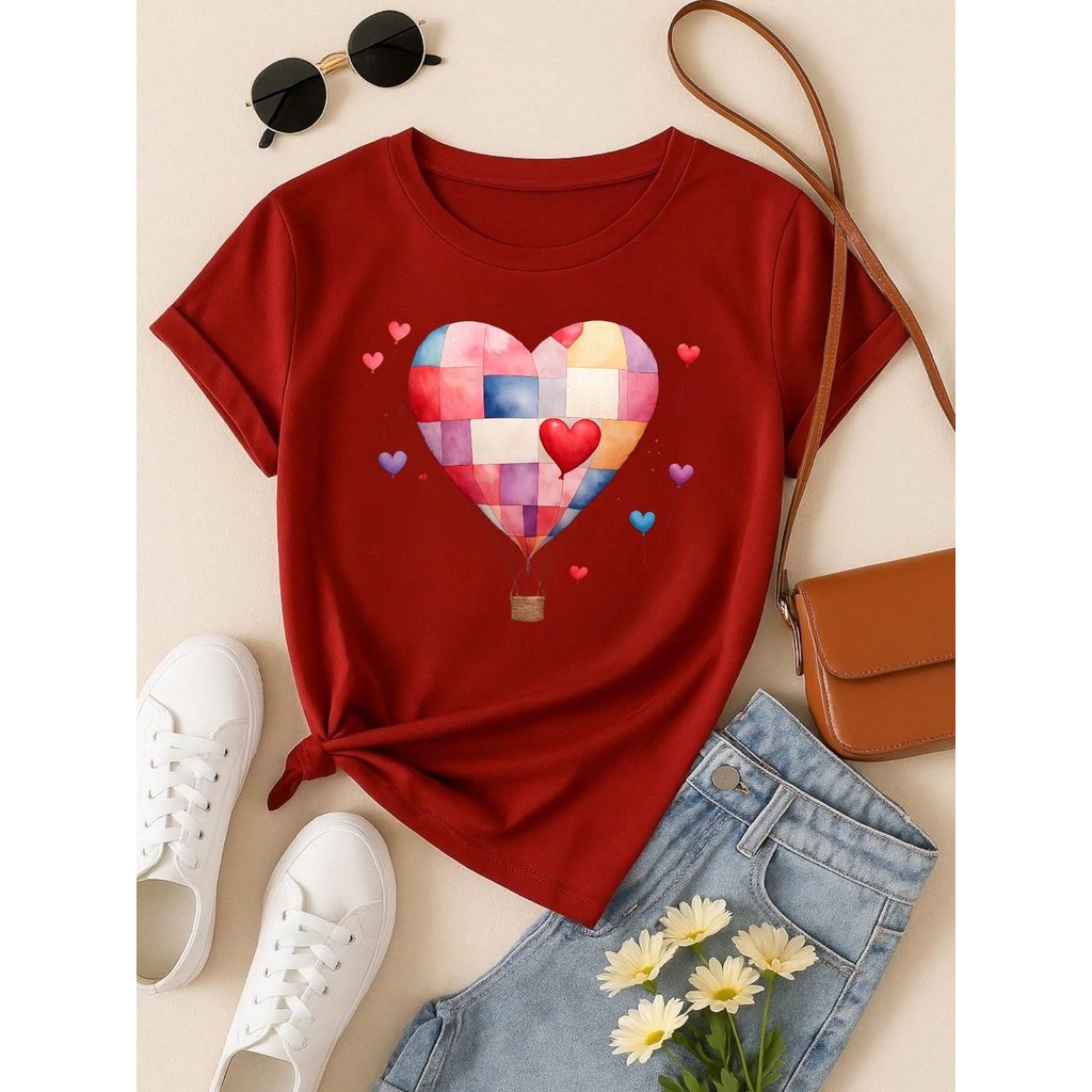 Blusa Feminina 100% Algodão – Estampa Coração Balão Patchwork