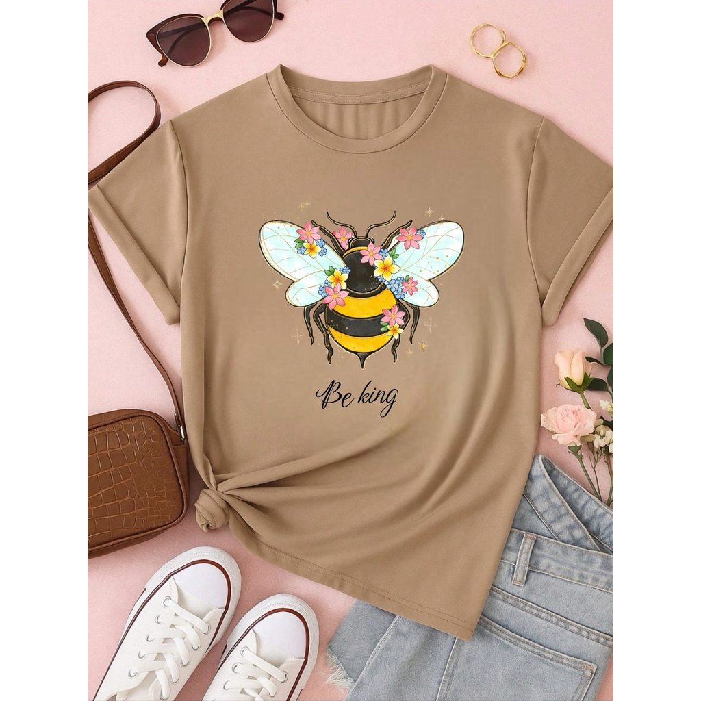 Blusa Feminina 100% Algodão Be Kind | Camiseta Estampada Abelha Floral Casual | P ao GG