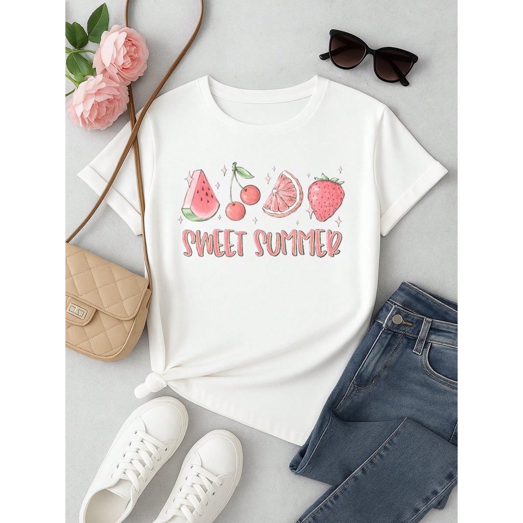 Blusa Feminina 100% Algodão Sweet Summer | Camiseta Estampada Frutas Casual
