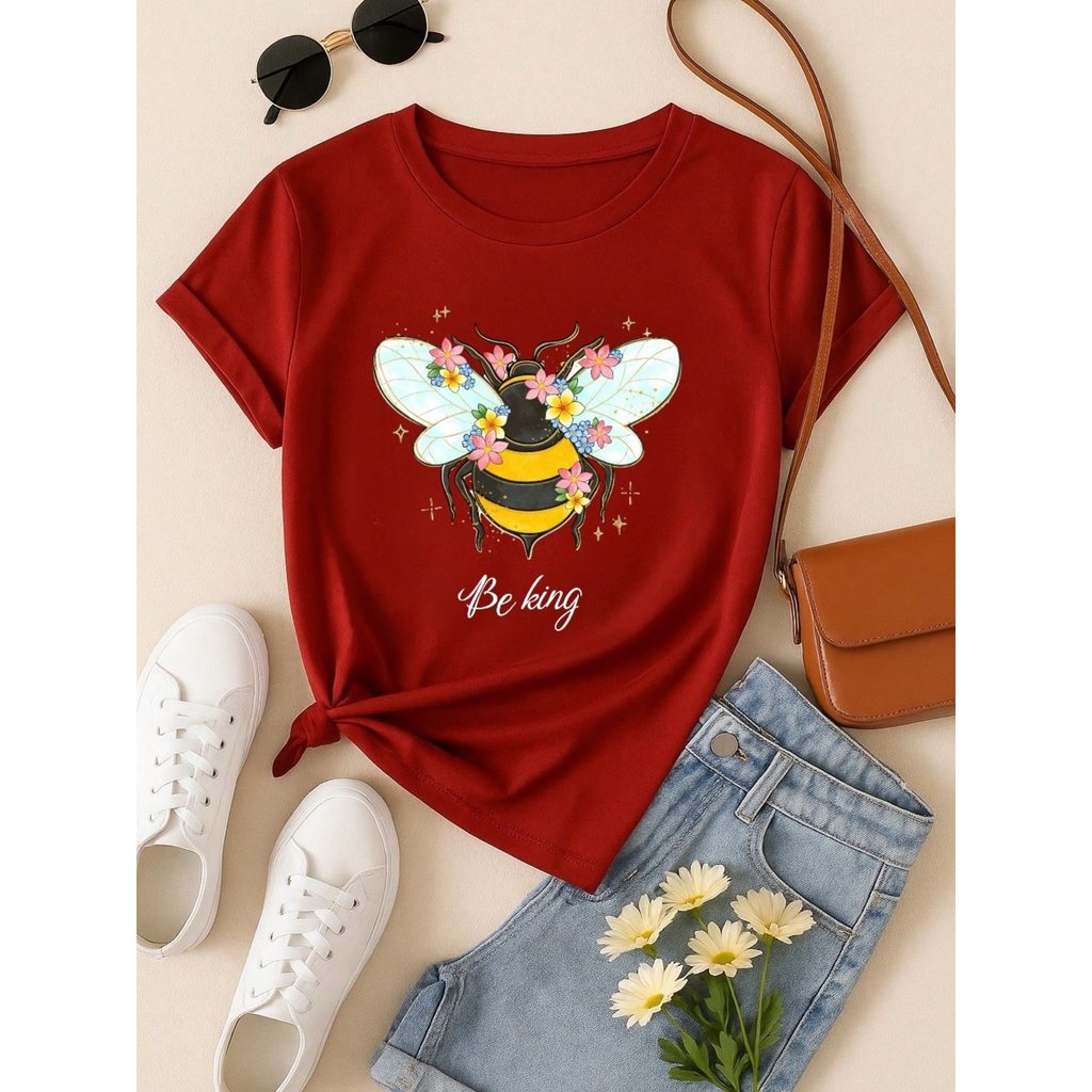 Blusa Feminina 100% Algodão Be Kind | Camiseta Estampada Abelha Floral Casual | P ao GG