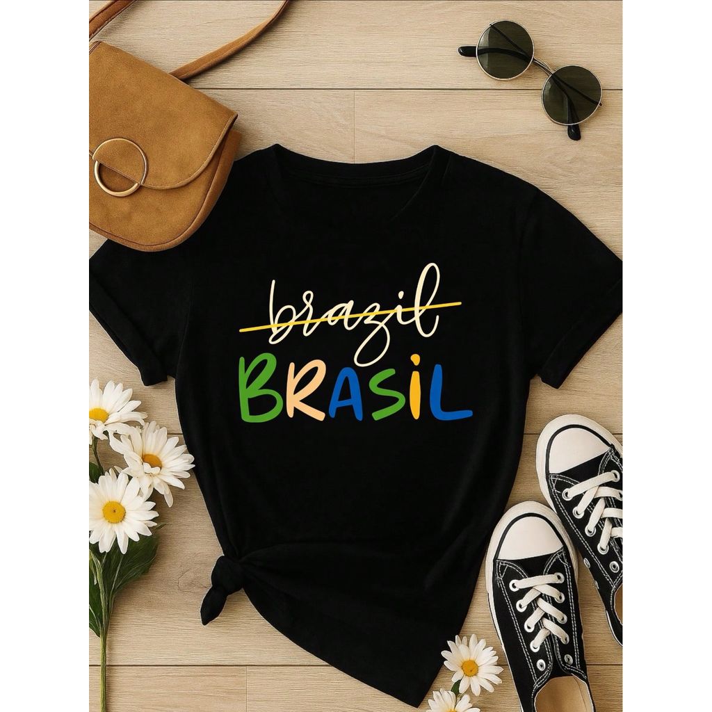 Camiseta Feminina Brasil Copa Estampada Casual 100% Algodão Manga Curta Confortável Verão