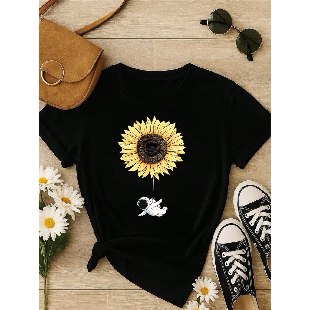 Camiseta Feminina Blusa T-shirt 100% Algodão Estampa Girassol Astronauta Casual P-GG