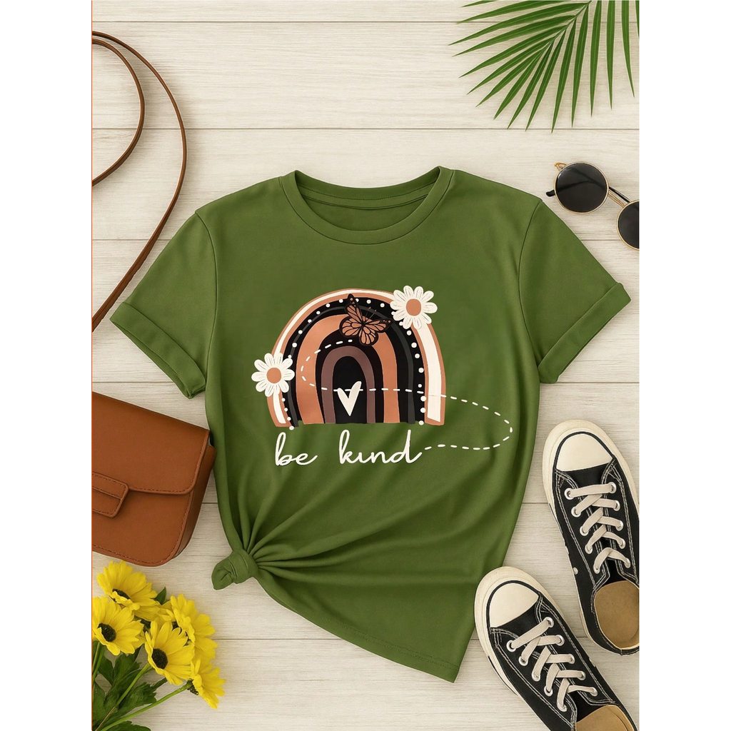 Camiseta Feminina 100% Algodão Blusa T-shirt Babylook Estampa Be Kind Arco Íris Casual P-GG