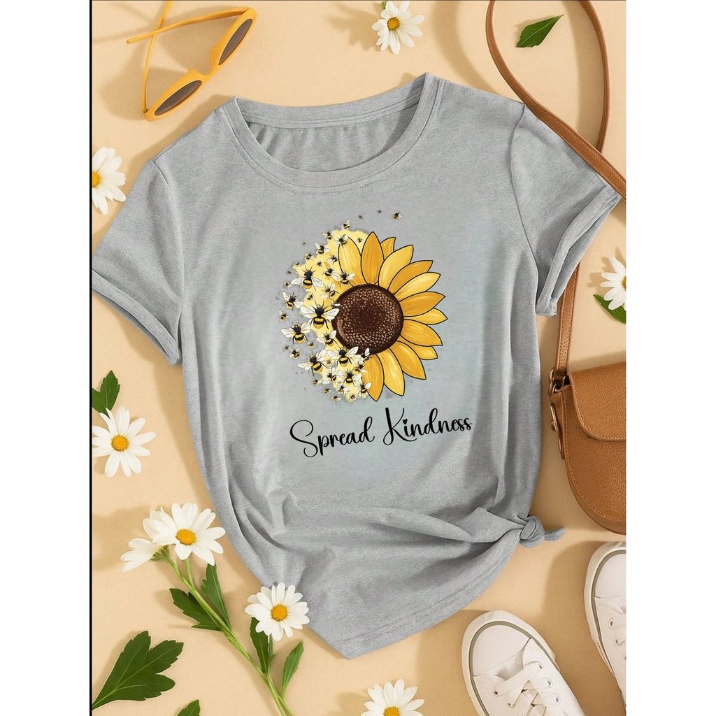 Camiseta Feminina Blusa T-shirt 100% Algodão Estampa Girassol Astronauta Casual P-GG