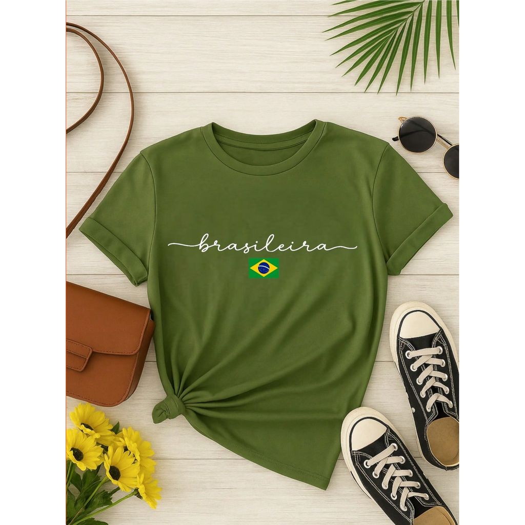 Camiseta Feminina Brasileira Copa Brasil 100% Algodão Estampa Minimalista Casual Confortável P-GG