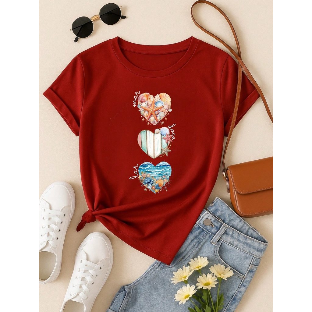 Camiseta Feminina T-shirt 100% Algodão  Blusa Feminina  Estampa Mar Doce Lar Praia Casual P-GG